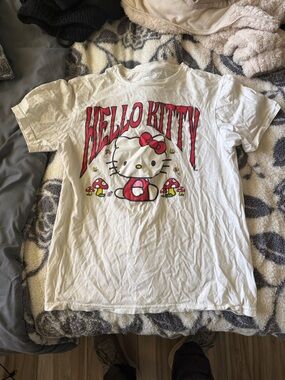 Hello Kitty White Tee with Red Graphic and Multicolor Mushroom Accents
